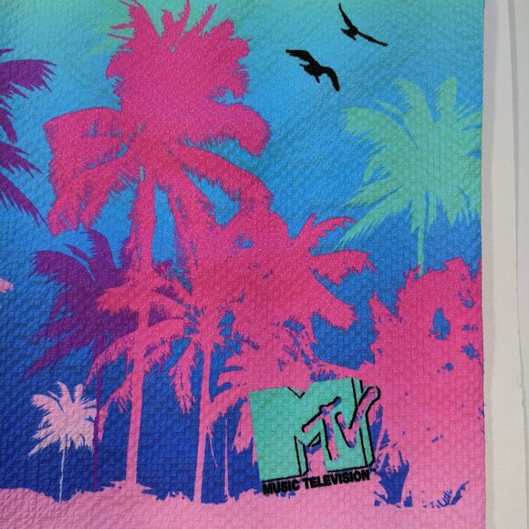 MTV Hawaiian Shirt Neon Colors Palm Trees 80s-Miami-Retro from 2024 RARE NEW Med - Picture 3 of 7